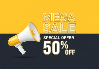 Announce your mega sale with a 50 off special offer featuring a megaphone illustration