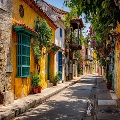 Fototapeta premium Colorful Street in Colonial Town: A picturesque street in a historic colonial town, showcasing vibrant colors, detailed architectural design, and the charm of the past.