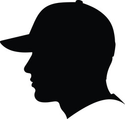 Black silhouette vector illustration of man wearing baseball cap in profile view, head and shoulders, isolated on white background for design