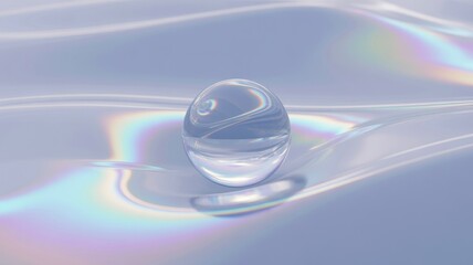 A clear glass sphere sits nestled in a soft, undulating surface, reflecting a spectrum of light, creating a serene and ethereal atmosphere