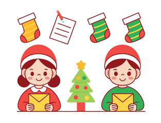 Naklejka premium Festive Holiday Illustration of Children Christmas Tree Stockings and Wish List