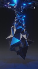 A futuristic abstract geometric shape with blue light emanating from within, suspended in a dark and mysterious space, creating a sense of wonder