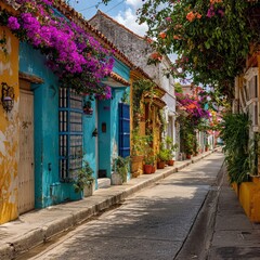 Obraz premium Colorful Street with Bougainvillea: A picturesque street scene showcases a vibrant display of bougainvillea, spilling over charming, colorful buildings and casting shadows on the cobblestone pathway.