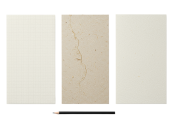Three off-white to beige textured paper sheets (grid, rough, smooth), sleek matte black pencil, transparent studio background, concept of material quality and design aesthetics
