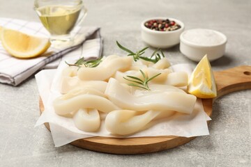 Uncooked squid rings and spices on grey table, closeup
