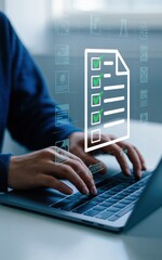 Closeup of a person using a laptop with a digital document icon floating above the keyboard, representing online forms and document management