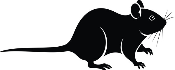Black silhouette vector illustration of rat or mouse with long tail, rounded ears, whiskers, and claws isolated on white background
