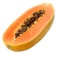 A vibrant half of a ripe papaya fruit, showcasing its orange flesh and black seeds, isolated on transparent background