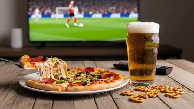 Home watching with pizza, pint of beer and pretzels during live soccer game on television. Home watching includes snack food, alcoholic beverage with a pizza slice and tv remote on the side.