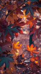 A closeup of vibrant autumn leaves in shades of red, orange, and green, creating a colorful and textured natural background, capturing the seasons beauty