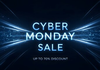 Cyber monday sale announcement featuring neon blue lights and up to 70 percent discount offer