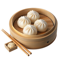 Steamed soup dumplings in bamboo steamer with chopsticks isolated on transparent background