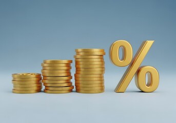Golden coins stacked in ascending order with a large golden percentage symbol indicating financial growth and success