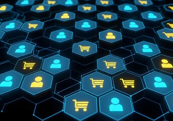 Digital network of e commerce and customer connections represented by hexagonal icons on a futuristic grid