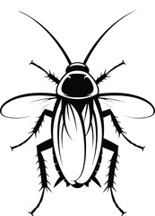 Highly detailed black and white cockroach vector illustration, top view insect anatomy drawing for pest control, entomology, science, and educational design