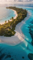 Aerial view of a tropical island paradise with pristine white sand beaches, lush green vegetation, and crystalclear turquoise waters on a sunny day