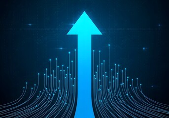 Bright blue arrow ascending through digital network representing growth and technological advancement