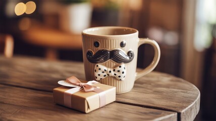 A mug with a mustache and bow tie design next to a small gift box on a wooden surface