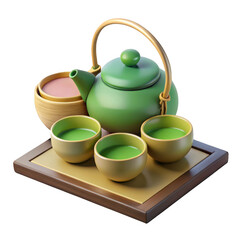 Serene japanese matcha tea ceremony set with green teapot and cups isolated on transparent background