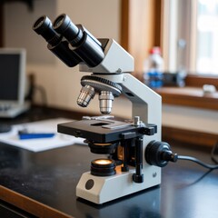 Closeup of a microscope on a lab table, a vital tool for scientific research and medical diagnostics in a bright laboratory setting