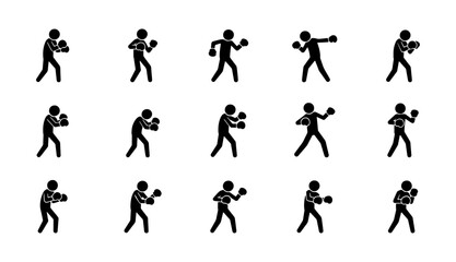 Naklejka premium Collection of 15 stickman boxing poses. Fighter silhouette in action with gloves, punching, defending, sparring, and training. Vector martial arts, sport, fitness, and combat icon set.