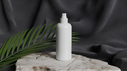 Minimalist shot of a white cosmetic spray bottle on a marble surface with a dark gray background and a green palm leaf, showcasing product design