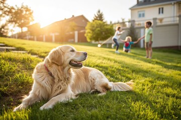 Naklejka na ściany i meble Families Enjoy Playful Afternoon With a Golden Retriever in Neighborhood Park