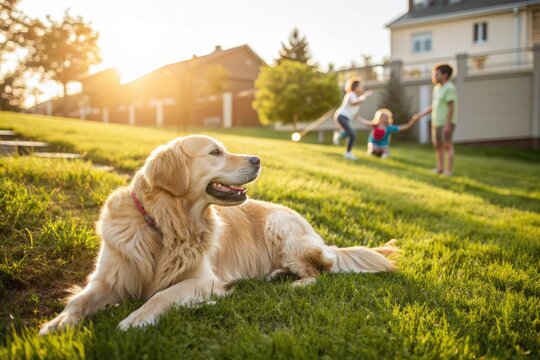 Families Enjoy Playful Afternoon With a Golden Retriever in Neighborhood Park