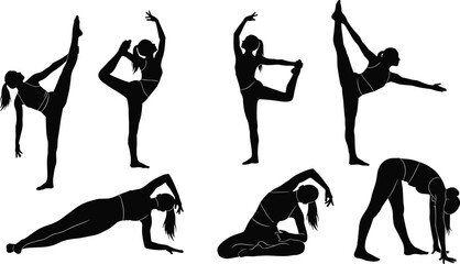 Silhouettes of people performing various yoga poses, fitness exercise positions, balance and flexibility training for health, meditation, wellness, and lifestyle design