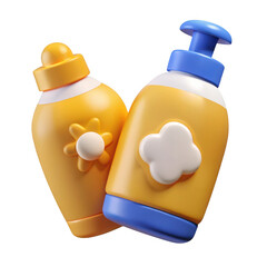 Cute yellow baby care bottles with blue lids and dispensers isolated on transparent background