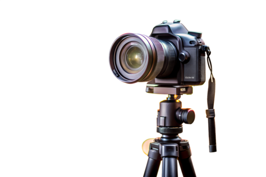 Professional dslr camera on tripod isolated on white background