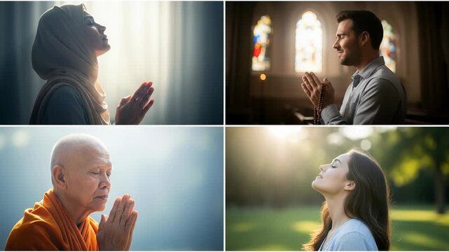 Different prayers from various faiths in a serene setting with a young man and a smiling monk