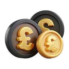 Golden pound sterling coins stacked with black coins finance concept isolated on transparent background