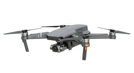 Modern grey quadcopter drone with advanced camera gimbal and foldable propellers suspended in mid-air transparent background