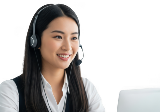 Smiling asian woman wearing headset isolated on transparent background