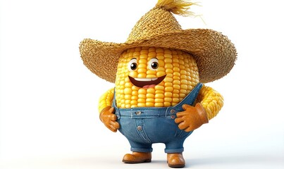 Cheerful cartoon corn cob wearing a straw hat and overalls