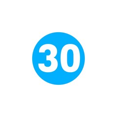 The image shows a bright blue circle with the number 30 in bold white font centered inside it. The design is simple, minimal, and visually clear, often used for labels, numbering, or highlighting.


