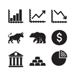 The image shows icons related to finance, including charts, a bull, a bear, and gold.