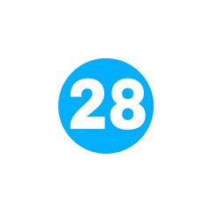 The image shows a bright blue circle with the number 28 in bold white font centered inside it. The design is simple, minimal, and visually clear, often used for labels, numbering, or highlighting.

