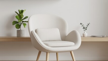 A cozy white armchair with a cushion sits in a minimalist room, complemented by a plant and a wooden shelf, creating a serene space