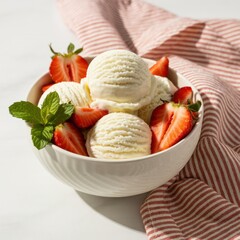 Bowl of creamy vanilla ice cream with fresh strawberries and mint leaves, a delightful summer dessert on a bright background, ready to eat