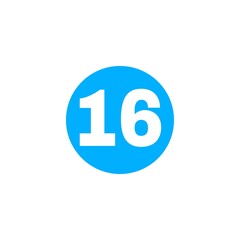 The image shows a bright blue circle with the number 16 in bold white font centered inside it. The design is simple, minimal, and visually clear, often used for labels, numbering, or highlighting.

