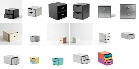 collection of minimalist foldable drawer cube isolated on white in various colors and styles  