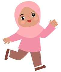 cartoon of a child wearing a pink hijab running happily