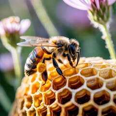 Closeup of a bee on a honeycomb, highlighting the intricate structure and the bees role in honey production and pollination process
