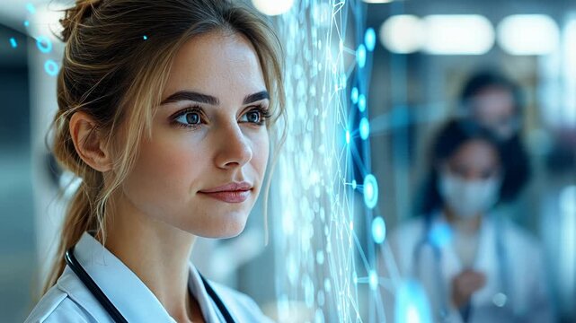 A female doctor examines a futuristic holographic display of medical data in a hospital setting. - Powered by Adobe
