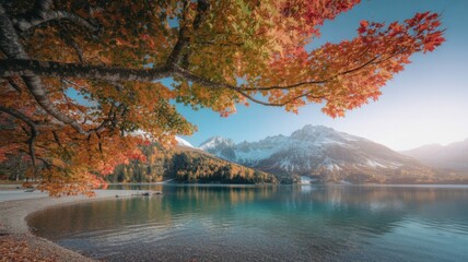 Scenic view of a lake in the alps during autumn, with colorful trees in the foreground and snowcapped mountains in the background, germany
