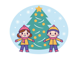 Fototapeta premium Festive christmas scene with cute cartoon kids and decorated tree illustration