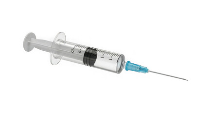 Fototapeta premium Clear medical syringe with hypodermic needle filled with clear liquid isolated on dark surface ready for injection or vaccination procedure transparent background