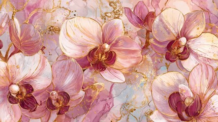 Elegant Pink and Gold Orchids:  Luxury Floral Watercolor Painting,  Abstract Marble Background